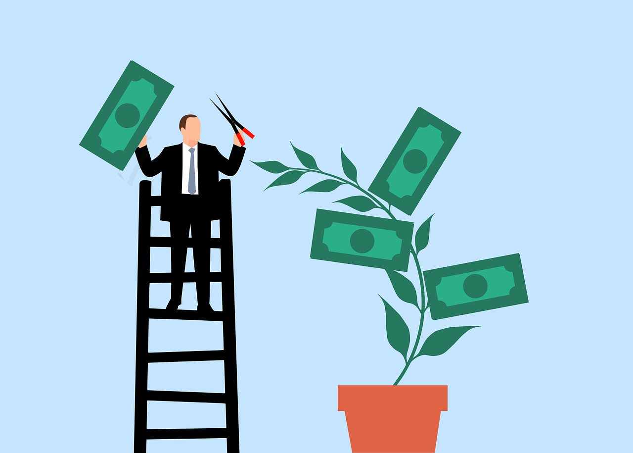 business man, nature, investment, profit, gain, business, collect, money, plant, trim, trimming, scissors, finance, success, growth, wealth, cash, rich, savings, income, earnings, accounting, cartoon, salary, payment, passive income
